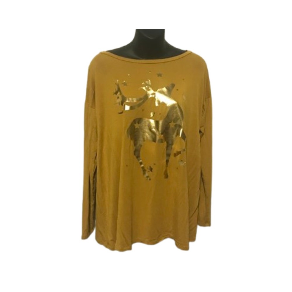 Sun‎ & Moon Gold Reindeer Star Print Long Sleeve Top Casual Relaxed Fit Size L